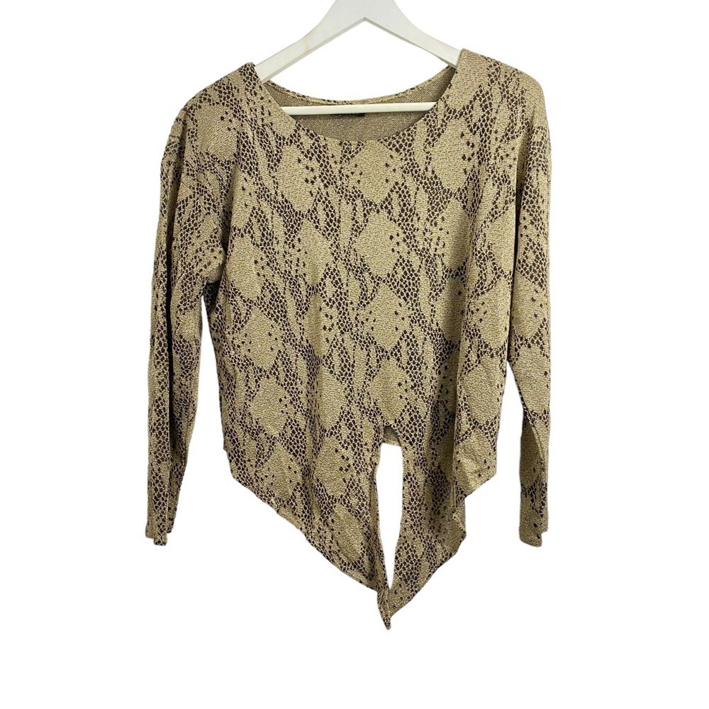 Ollini‎ Vintage Top Womens Metallic Snakeskin Tie Front Gold Brown Size Small